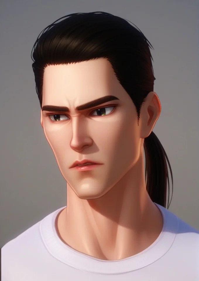 portrait, 1boy, tshirt, ponytail, bland face, slanted eyes, elegant lips, small nose, sleek jaw,