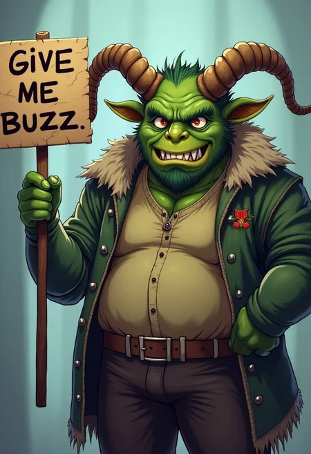 orc holding a  sign that says "give me buzz" anime style