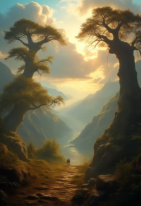 baroque art style , ancient fantasy forest,intricately intertwined trees,
stunningly beautiful clouds
down ,
epic composition, cinematic,
perfection style, perfection, perfect , style of Rembrandt, flux-style