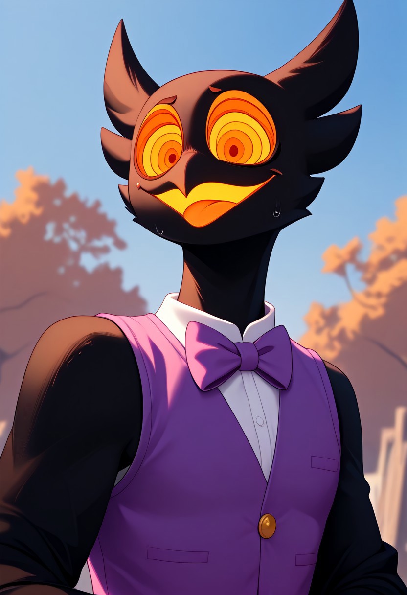 score_9, score_8_up, score_7_up, (by shinodage), outdoor, sexy, sweat, dutch angle, high quality, hires, solo, anthro, detailed background, detailed eyes, emotional, easynegative, Split Lighting style, pose
barnaby, avian, ghost, owl, spirit, black body, yellow eyes, long neck, feathers, vest, digitigrade, bow tie, purple clothing