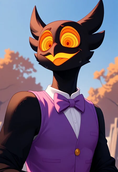 score_9, score_8_up, score_7_up, (by shinodage), outdoor, sexy, sweat, dutch angle, high quality, hires, solo, anthro, detailed background, detailed eyes, emotional, easynegative, Split Lighting style, pose
barnaby, avian, ghost, owl, spirit, black body, yellow eyes, long neck, feathers, vest, digitigrade, bow tie, purple clothing