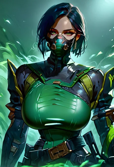score_9, score_8_up, score_7_up, score_6_up, score_5_up, score_4_up, masterpiece, perfect face, perfect eyes, sexy girl, Viper, 1girl, valVipr, bob cut, green eyes, black hair, mature female, gas mask, green and black bodysuit, black gloves, belt, thigh boots, sexy pose, seductive, (large breasts:1.3), thick thighs, ho1ding-weap0n, 1girl, holding rifle, green gas background, 
front view, female focus, looking at viewer,