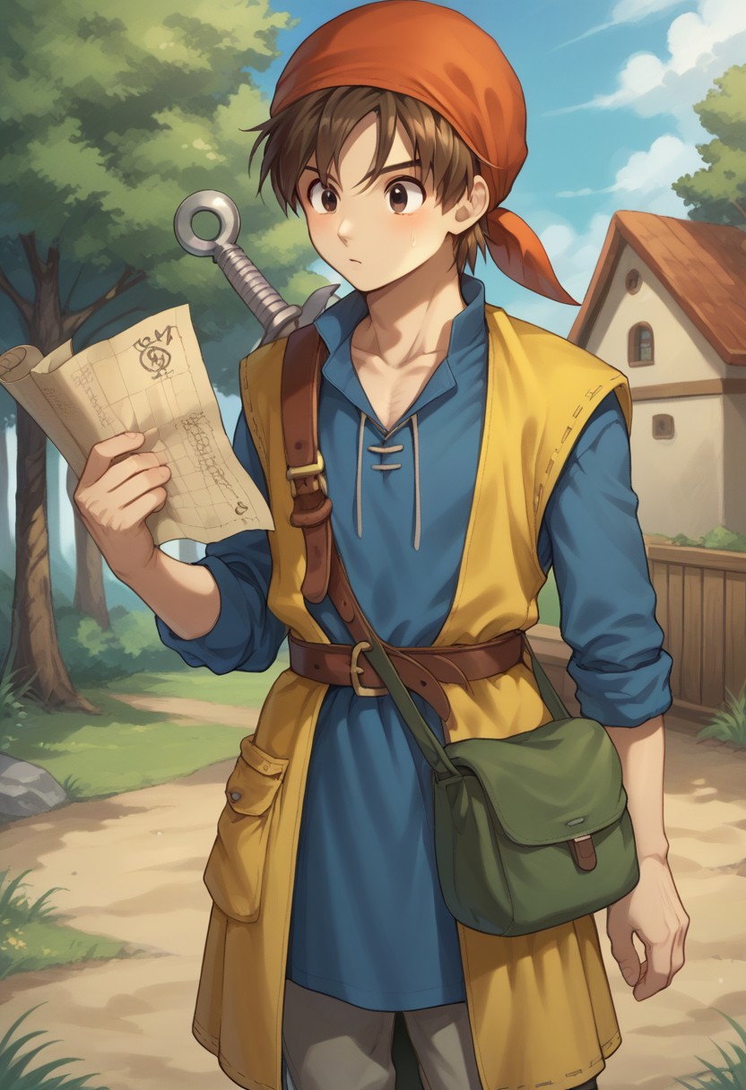 score_9, score_8_up, score_7_up, source_anime, highly detailed, 
herodq, 1boy, male focus, solo, bandana, red bandana, brown hair, short hair, black eyes, tunic, blue tunic, long sleeves, sleeves rolled up, coat, yellow coat, sleeveless coat, belt, pants, pants tucked in, bag, pouch, boots, brown footwear, weapon, sword on back, sheat, sheathed, map, holding, holding map, confused, ?
outdoor, wood,