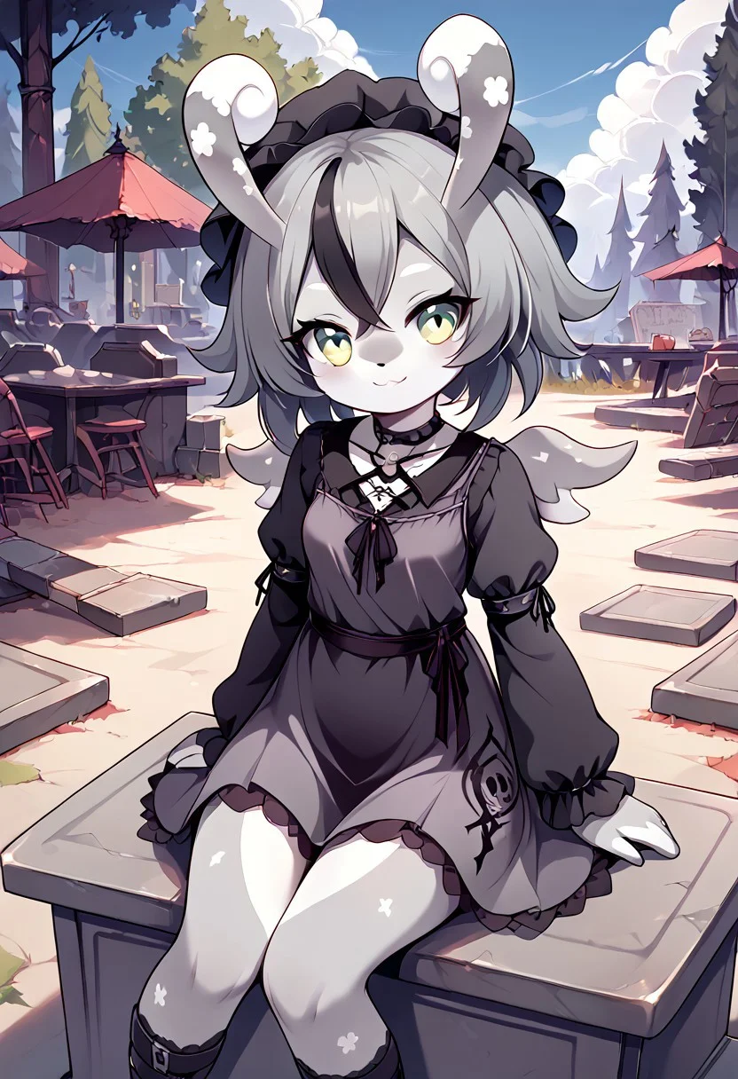 score_9, score_8_up, 1girl, melusine, curly ears, wings, gray skin, Dress, tied belts, goth hair style, sitting on a tombstone, cute smile, Goth girl