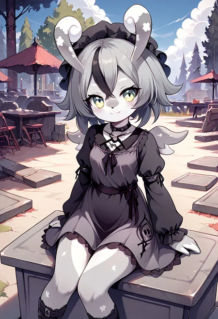 score_9, score_8_up, 1girl, melusine, curly ears, wings, gray skin, Dress, tied belts, goth hair style, sitting on a tombstone, cute smile, Goth girl