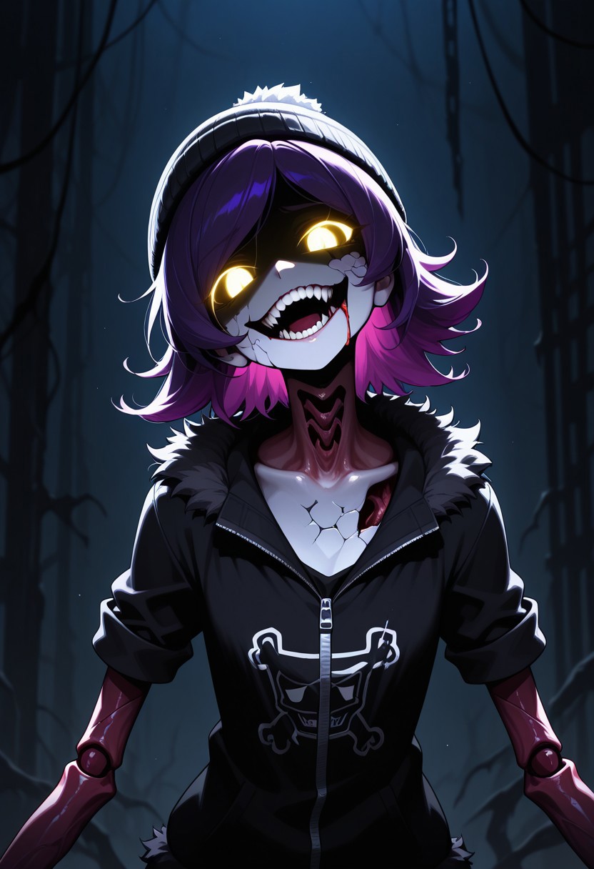 masterpiece, best quality, Detailed, 2D, 1girl, solo, Uzi, Purple Hair, yellow eyes, glowing eyes, robot, beanie, black hoodie, cracked skin, bleeding, torn clothes, open mouth, smile, human-like teeth, looking at viewer, shaded face, head tilt, long arms, sharp claws, flesh infection, portrait, dark industrial background, horror /(theme/)