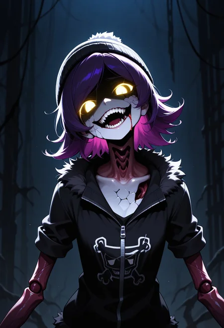 masterpiece, best quality, Detailed, 2D, 1girl, solo, Uzi, Purple Hair, yellow eyes, glowing eyes, robot, beanie, black hoodie, cracked skin, bleeding, torn clothes, open mouth, smile, human-like teeth, looking at viewer, shaded face, head tilt, long arms, sharp claws, flesh infection, portrait, dark industrial background, horror /(theme/)