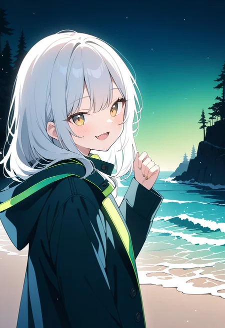 ((best quality, 4k)), (w0gf1l, made of tiny neon glass filaments,, illustration, 1girl, white hair, golden eyes, fang, shark teeth, smile, winter coat, (green light), wet, waves, beach, snow, neon, glass, trees, forest, houses)