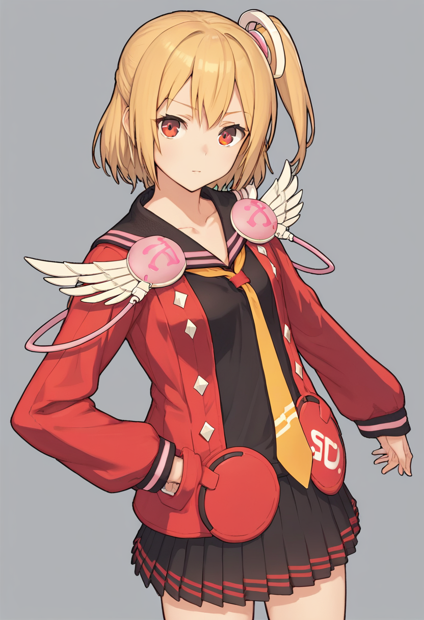score_9, score_8_up, score_7_up, BREAK source_anime,  gamecg, 1girl, solo, emiliap,  blonde hair,  one side up, red jacket, black sailor collar, black shirt, yellow necktie, black skirt,  simple background,   <lora:emilia_pspo2:0.7>