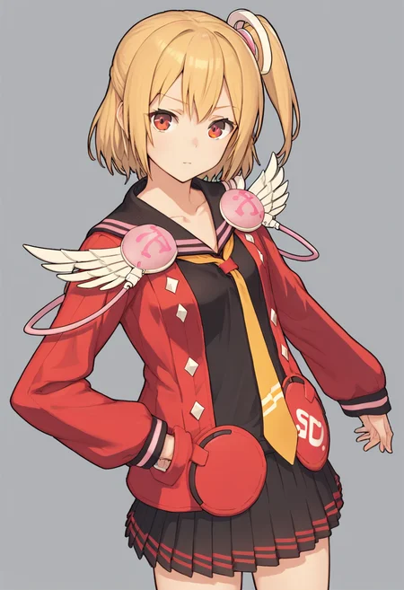 score_9, score_8_up, score_7_up, BREAK source_anime, gamecg, 1girl, solo, emiliap, blonde hair, one side up, red jacket, black sailor collar, black shirt, yellow necktie, black skirt, simple background, <lora:emilia_pspo2:0.7>
