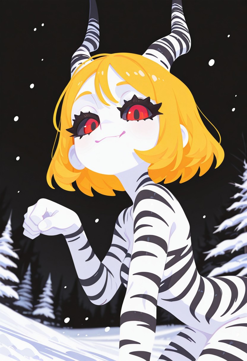 fabulosity_style, best quality, no lineart, no outline, flat color, blurry background, depth of field, thick eyelashes, dynamic angle, 1girl, snow, white skin, zebra stripes, naked, smug, night, side view, yellow hair, black sclera, red eyes, paw pose, nature, horns, black background