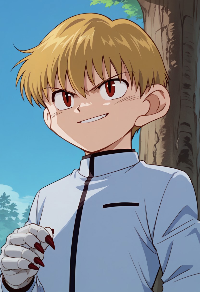 score_9, score_7_up, source_anime 
okita, 1boy, male focus, solo, red eyes, blonde hair, short hair, school uniform, jacket, grey jacket, long sleeves, upper body, single glove, claws, grin
outdoor, sky, tree