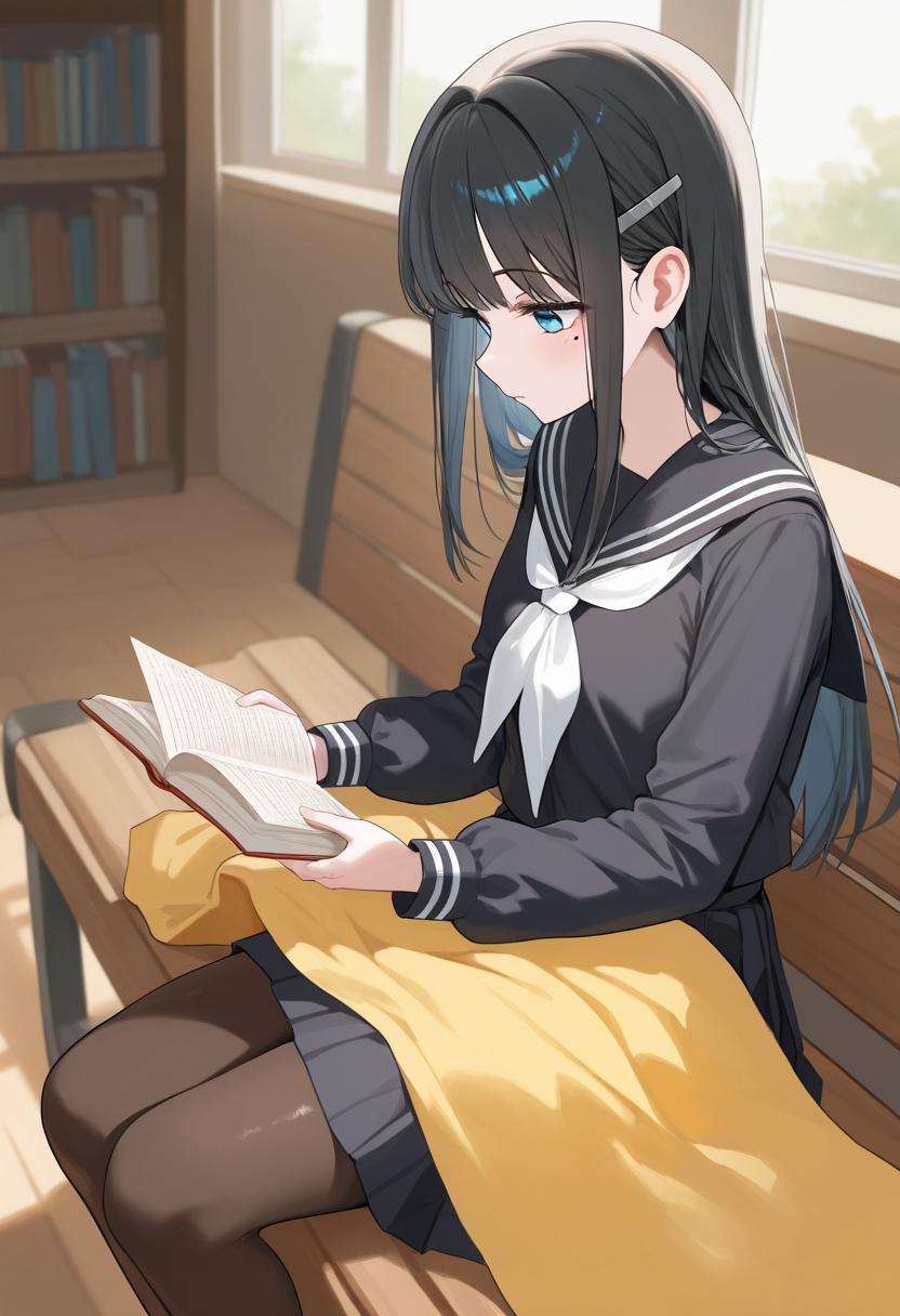 1girl,solo,<lora:HBSrinil:0.9>,shimotsuki_rin,blue eyes,black hair,long hair,mole under eye,hair ornament,hairclip,school uniform,long sleeves,black serafuku,skirt,pantyhose,white neckerchief,cowboy_shot,day,library,bench,sitting,reading,open_book,holding_book,yellow blanket,covering_with_blanket,masterpiece,best quality,good quality,newest,incredibly absurdres,