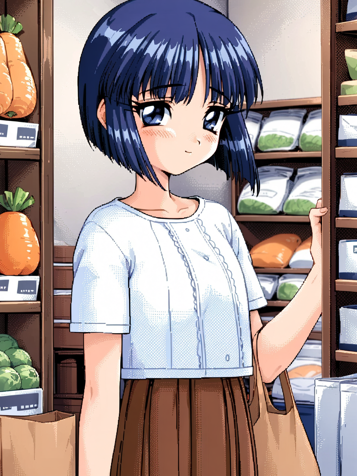 1girl, kaede, kizuato, white shirt, brown skirt, short sleeve, looking at viewer, 
standing in store, vegitables in holding shoping bag, little smile, blush,
(from front:1.5),
masterpiece, best quality, very aesthetic, absurdres, latest, retro artstyle
<lora:kaede-xl-v2-000020:0.8>