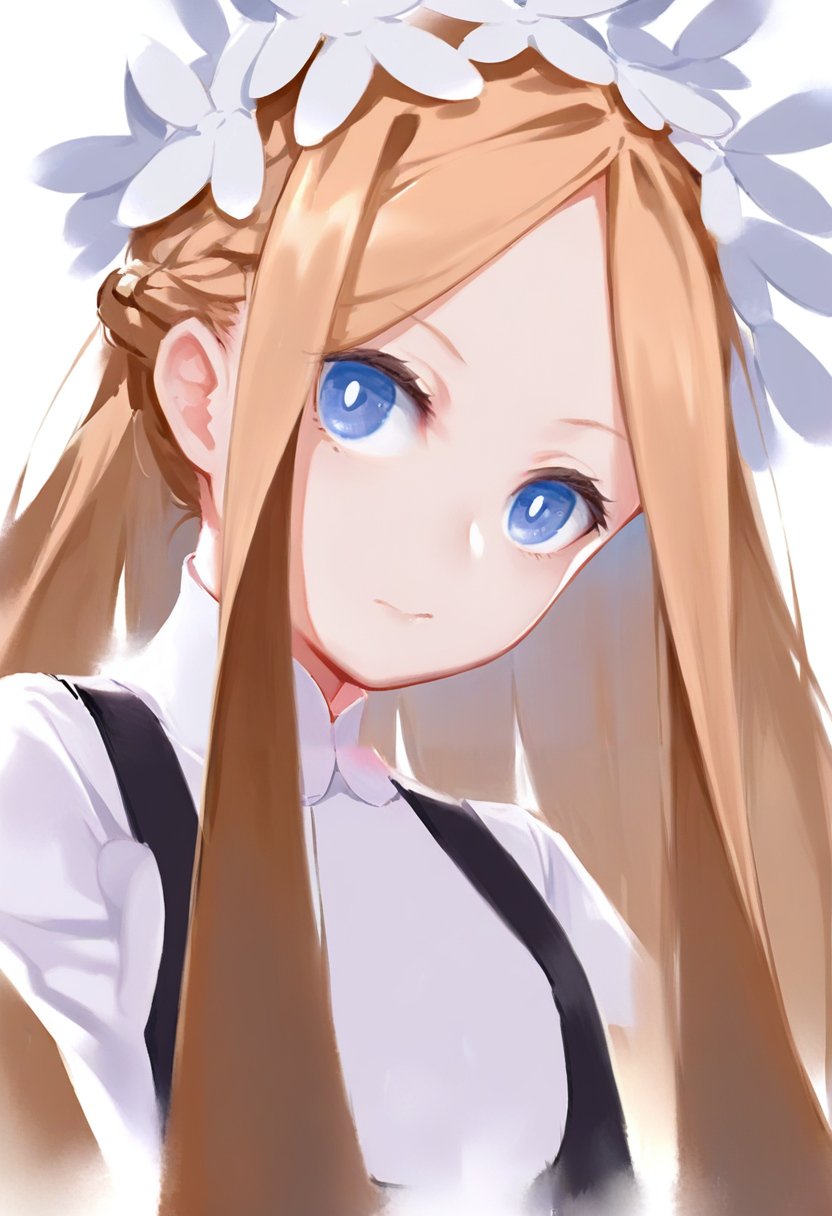 1girl, blue eyes, solo, abigail williams \(fate\), blonde hair, long hair, bangs, white background, looking at viewer, official alternate costume, sidelocks, parted bangs, simple background, braid, hair ornament, upper body, closed mouth, forehead, white shirt, butterfly hair ornament, maid headdress, shirt <lora:solaXL_NBVP1_lokr_V6311P:0.95>