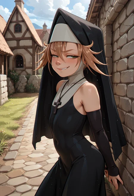 masterpiece, best quality, 32k, high resolution, absurdres
1girl, solo, toddy, brown hair, green eyes
habit, nun , nun dress, elbow gloves, cross necklace,
dynamic pose, standing behind stone wall, blushing, teasing,
outdoors, stone wall, countryside, small village church in the background, day, cloudy day
light particles, dynamic angle, cinematic angle, various angles, detailed background, beautiful background, (rays light:1.0),(grow:1.0) vivid colors, shiny and glossy, anime style, high-res, beautiful aesthetic, very intricate, high-quality details, vibrant,
<lora:add-detail-xl:1.10> <lora:spo_sdxl_10ep_4k-data_lora_webui:0.95> <lora:noobai_ep11_stabilizer_v0.138_fp16:0.6> <lora:StS-Illustrious-Detail-Slider-v1.0:1.10> <lora:cfg_scale_boost:0.95> <lora:nyalia:0.20> <lora:theodosia_illustrious:0.8>