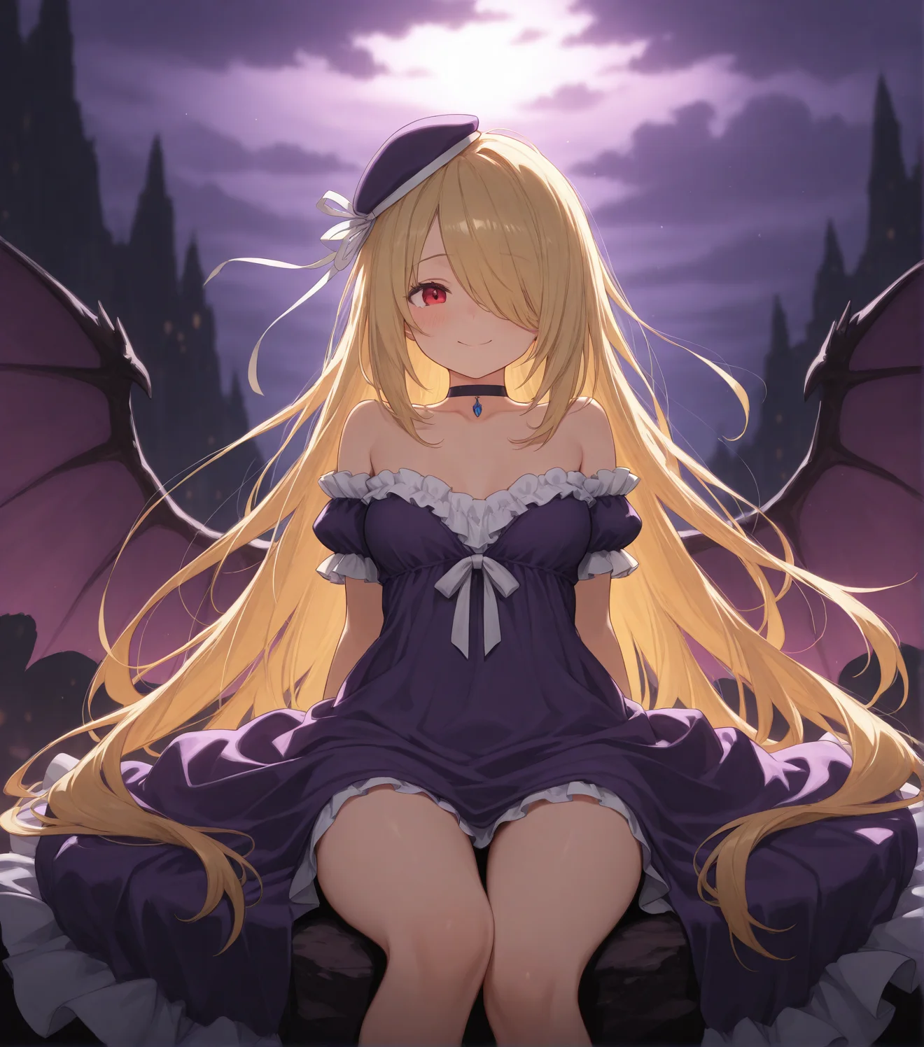 masterpiece, ultra-HD, cinematic lighting, high detail, depth of field, (blurred background), (dramatic lighting),masterpiece, best quality,
score_8_up,long hair, hair over one eye, blonde hair, solo, hat, ribbon, smile, bare shoulders, red eyes, very long hair, dress, heavy blush, hat ribbon, medium breasts, purple headwear, purple dress, hair ribbon, white ribbon, short sleeves, choker, collarbone, wings, hair ornament, frills, bow
sitting on purple cloud, cavern, dim lighting, drop dress top down to show tits