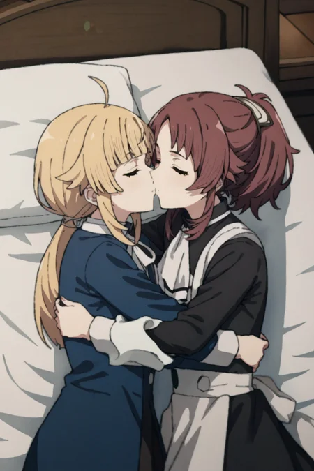 score_9, score_8_up, score_7_up, source_anime, 2girls, looking at viewer, hugging and kissing, closed eyes, indoors, lying on bed, BREAK
<lora:norn_greyrat_anime_s2-soralz:1>, norn_greyrat, bangs, blonde hair, long hair, ahoge, sidelocks, blunt bangs, hair flaps, low ponytail, blue dress, white ribbon, white sleeves, long sleeves, white shirt, black shirt,
ADDCOL
<lora:aisha_greyrat_anime_s2-soralz:1>, aisha_greyrat,brown hair, ponytail, sidelocks, bangs, long hair, long sleeves, white ascot, white apron, black dress, maid
