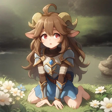 score_9, score_8_up, score_8, BREAK source_anime, 1girl, solo, <lora:Expressive_H:1>, long hair, straigh hair, kid, small child, female, fullbody, brown hair, goat ears, animal ears, Eyjafjalla, paladin armor, full body, open eyes, vox machina, flower camp