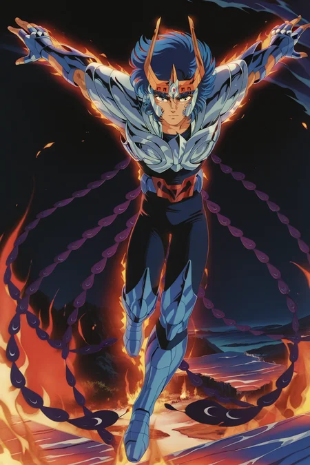 masterpiece, best quality, amazing quality, IKKIV2IL, 1boy, male focus, circlet, blue hair, wavy hair, blue eyes, scar on face, toned male, silver breastplate, silver pauldrons,  fingerless gloves, blue vambraces, sleeveless, belt, belt buckle, dark blue bodysuit, purple tail feathers, purple phoenix tail feathers, blue greaves, full body, looking at viewer,  action pose, dash slide, winged armguard, retro artstyle, large iris, island background, action pose, fire, midair, jumping, raising arms, night, dark background, open palms