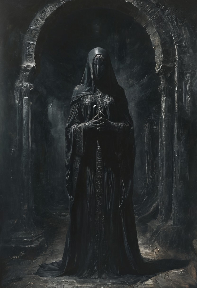 Picture of a woman. 27. She's Albanian and her name is Elfira.
Wearing a black ceremonial robe. Kind smile. Dark forest. Moonlit.
style of H. R. Giger, partially covered in shadow