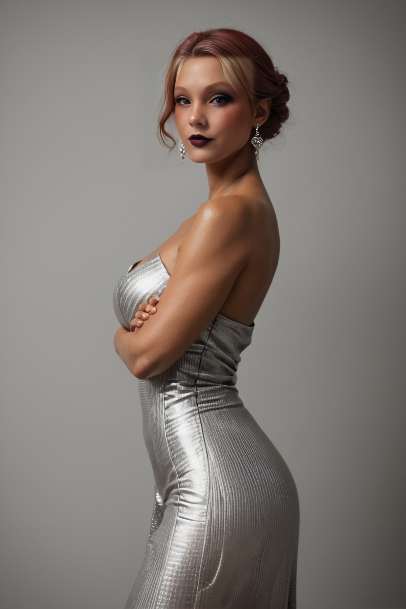 score_9, score_8_up, score_7_up, futuristic sci fi fashion photography by Marko Djurdjevic, voluptuous mature spy 35 year old, tan skin, ruby hair, alien, striped, chrome dress, biomechanical, looking at viewer arms crossed behind back, undressing, beautiful boobs, realism