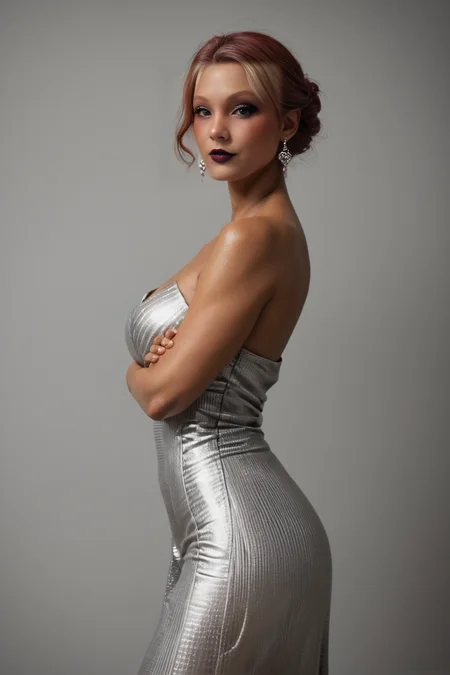 score_9, score_8_up, score_7_up, futuristic sci fi fashion photography by Marko Djurdjevic, voluptuous mature spy 35 year old, tan skin, ruby hair, alien, striped, chrome dress, biomechanical, looking at viewer arms crossed behind back, undressing, beautiful boobs, realism