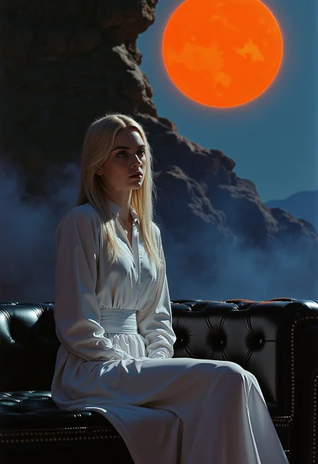 in the style of cksc, Frank Frazetta
dark fantasy aesthetic. , digital artwork of a futuristic, natural colors, , epic. luminescence, ultra realistic, hyper detailed, soft lighting , epic scale.
(detailed digital painting, detailed oil painting).
Close view, three-quarter portrait. Black leather sofa. A woman is sitting. White blouse, White skirt, high thin stockings, fully clothed, blouse under the neck. Blonde hair. Feminine figure, wide hips. He's looking at us... swfx swfx .. .
mythp0rt, nigiex. wost0y4
.. mythp0rt,
The background is gradient of shadowy blue tones, amplifying the ethereal and futuristic ambiance of the scene. The overall composition feels cinematic, blending high fashion with a science fiction aesthetic. . Exquisite cyberpunk. retroFuturism.
bright orange sphere on the background