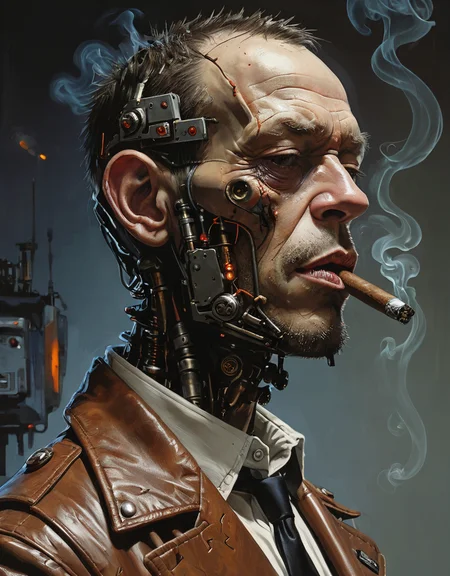 cyborg portrait, square head, heavy jaws, thick sideburns, smoking a cigar, Jamie Hewlett, John Berkey, John Harris, high contrast, twilight, open space, hyperrealistic