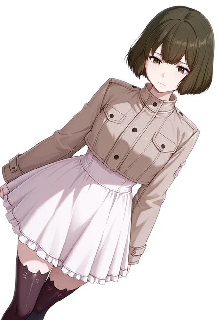 masterpiece,high quality details, absurdres,
<lora:Akira_Dojima_V2:0.8> akira_cnr,1girl, brown hair, short hair, bob cut, bangs,brown eyes,, simple background, white background, dynamic angle,solo,, pain,sad,, long coat ,cropped jacket ,ruffled skirt, ,bat legwear,