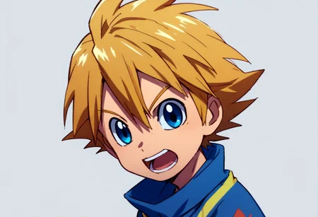 digimon, male trunks, takeru, zPDXL, score_9, score_8_up, score_7_up, source_anime, <lora:Digimon_v2-15:0.8> digimon, open mouth, watson cross, 1boy, solo, takeru, short hair, blue eyes, blonde hair,