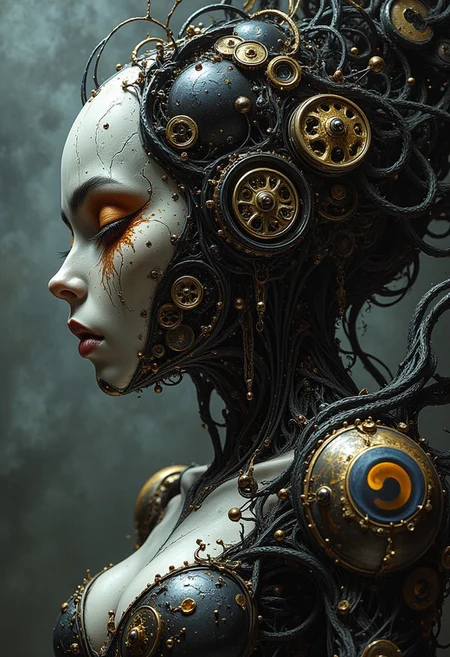 masterpiece, high detail, ArsMJStyle, dnddarkestfantasy, masterpiece, stunning oriental robot woman, made of clockwork cogs, wires and cables, abstract, fractal art. highest definition, HD32K, wallpaper, hyperdetailed, concept art, extreme closeup, side profile