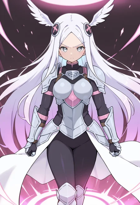 masterpiece, best quality, high quality, anime, solo, <lora:Bubukka_IllXL:1>, serious, 1girl, white eyes, white hair, very long hair, parted hair, parted bangs, gradient hair, lilac hair, medium breasts, wing hair ornament, valkyrie, black bodysuit, armor, gauntlets, greaves, pink breastplate, grey armored skirt, armored dress, pink hues,