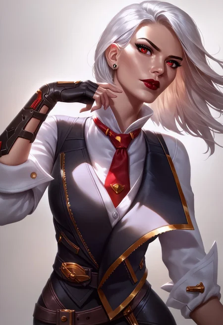 8k resolution, core_9, score_8_up, score_7_up, large angle, wide angle, photorealism, photorealistic, shiny skin: 0.5, ruanyi0481,
BREAKs sexy woman, tall woman, beautiful breasts, big breasts, beautiful eyes, beautiful face, beautiful body, beautiful legs, beatiful eyes, beatiful detailed eyes, dark-red eyes!, <Ashe:1>
makeup, lipstick, see thru nipples
necktie, white shirt, jewelry, earrings, black vest, fingerless gloves, black pants, belt, boots,
