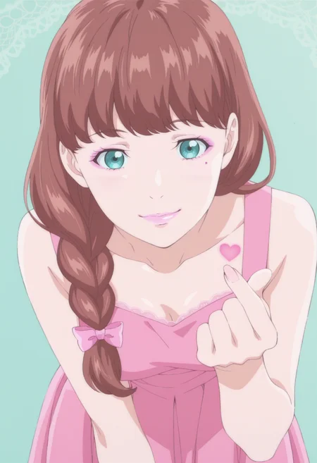 anime screencap, anime coloring, 1girl,  solo,   <lora:DX888MiraIL:1>gotokuji mira, aqua eyes, brown hair,single braid , pink lips, pink dress, medium dress pleated dress,  hair bow BREAK aqua background, lace background, BREAK dutch angle,  from above, dynamic pose, posing, smile,       finger heart, bent over,  upper body,