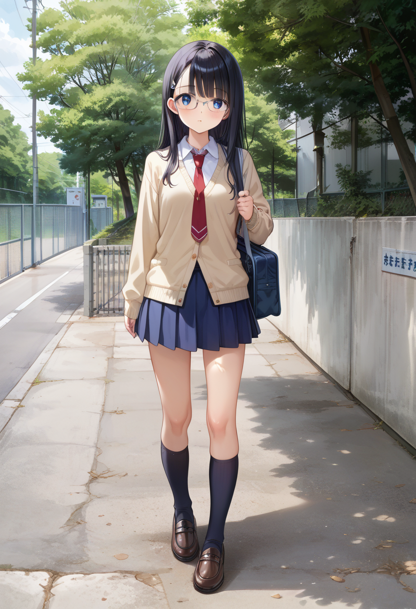 score_9, score_8_up, score_7_up, rating_safe, masterpiece, best quality, absurdres, unity 8k wallpaper, official art, official style, source_anime, uncensored, game cg, megami magazine,
1girl, solo, glasses, black hair, long hair, blue eyes, collared shirt, red necktie, pleated skirt, blue skirt, cardigan, looking at viewer, blush, school bag, 
school gate, tree, scenery, outdoors, fence, day, sign, building, real world location
 <lora:schoolgate_PONY_V1:1>