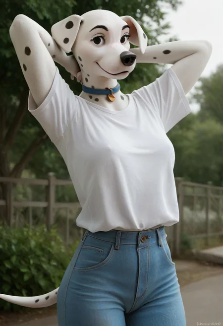 score_9, score_8_up, score_7_up, score_6_up, score_5_up, score_4_up, solo, perdita101, anthro, dalmatian, shirt, jeans, looking at viewer, exterior, 3d, furry, hands behind head,