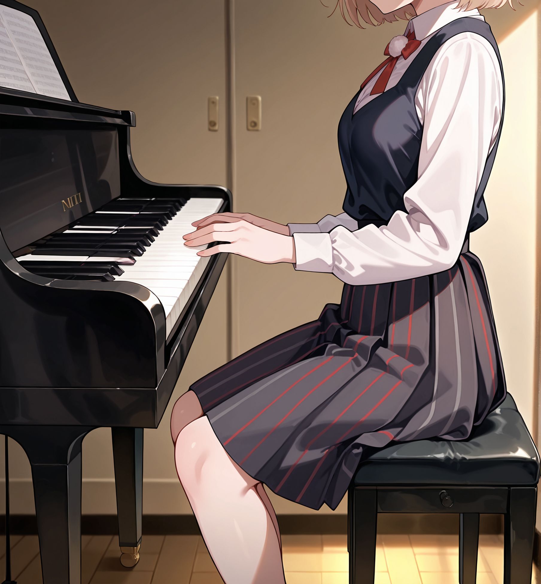 masterpiece, best quality, newest, absurdres, highres, detailed eyes, beautiful, detailed background, perfect eyes, anime coloring, anime screencap,
<lora:Erotic_Pianist:0.7> Erotic_ianistV1,
1girl,piano,instrument,breasts,
solo,sitting,piano bench, head out of frame,faceless female, 
play piano, hands on keyboard \(instrument\), from side, 
BREAK   
shigure ui \(vtuber\),  milf,
fat man,faceless male,
