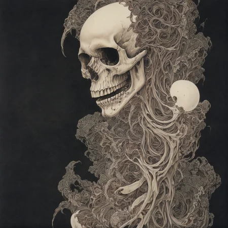 (best quality, masterpiece, highest detailed), ultra detailed, beautiful and aesthetic, (photorealistic:1.4), skull screaming, what nightmares are made of, in the style of takato yamamoto, skull has worms fallng from it, grotesque, (intricate eyeball pattern background:1) , <lora:takma2:1.2>