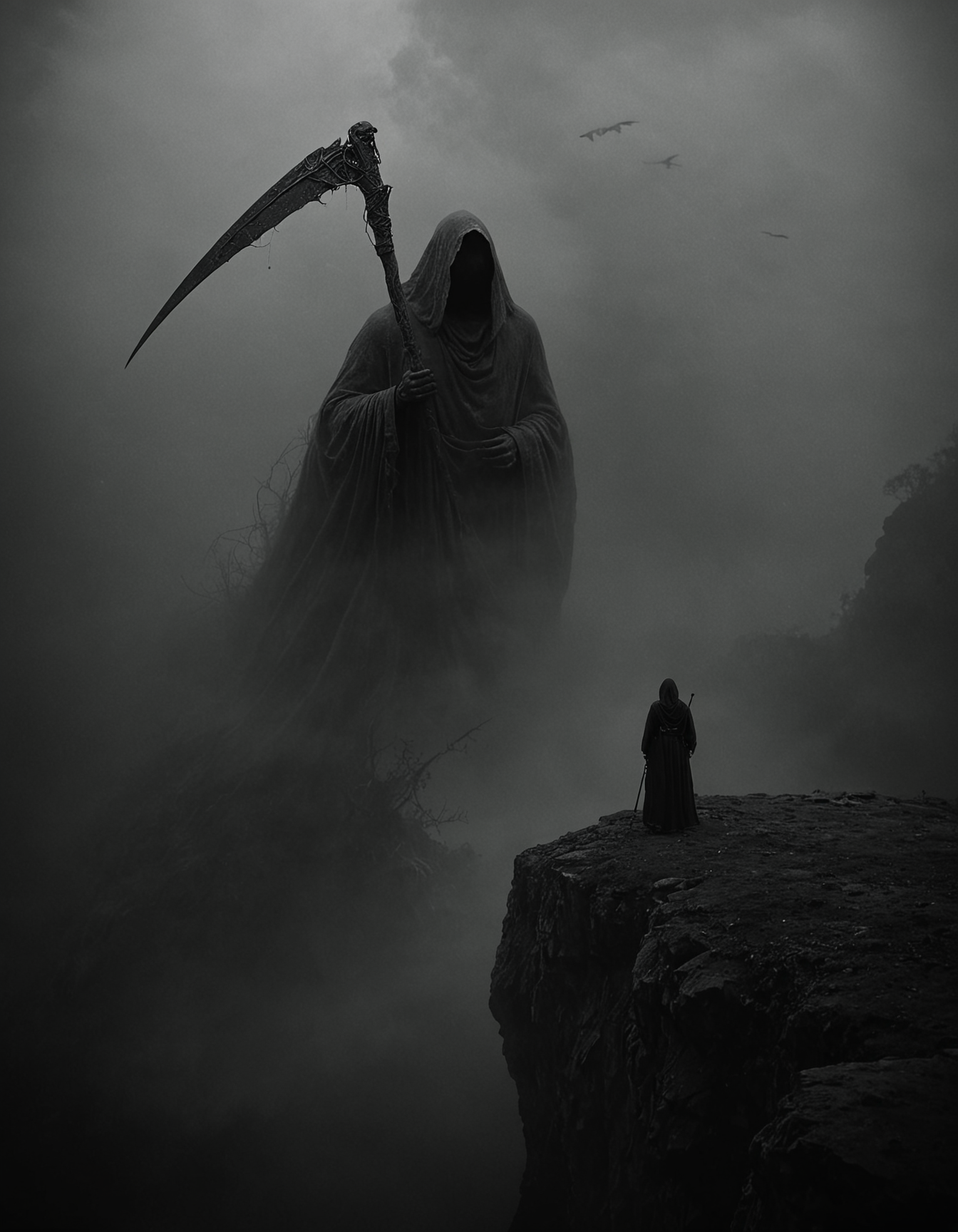 A lone figure stands on the edge of a cliff, enveloped in thick mist, towering above them is a colossal hooded reaper, clutching an ancient ornate scythe, The reaper's presence is eerie, fog obscures its features, an ethereal ghostly appearance, Birds circle in the distant, foggy sky, isolation and impending doom, The scene is steeped in dark, atmospheric tension, haunting confrontation between the small solitary human and the immense spectral figure, <lora:- SDXL - vanta-black_contrast_V3.0:1>