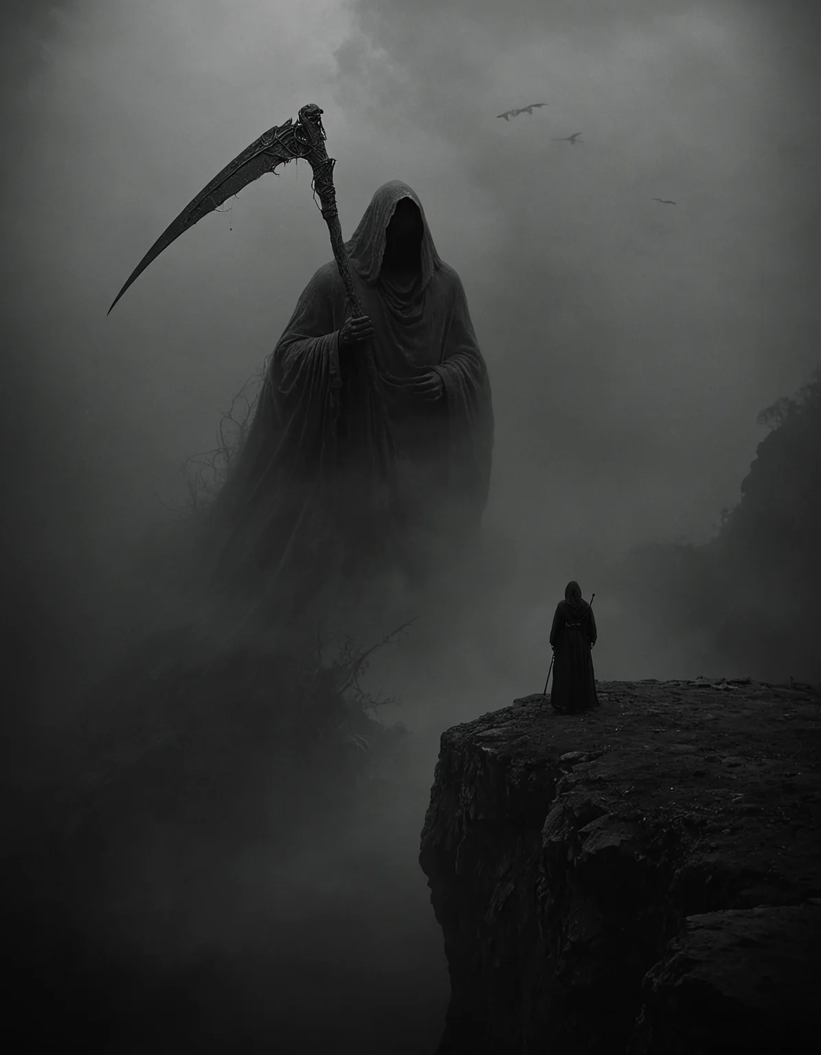 A lone figure stands on the edge of a cliff, enveloped in thick mist, towering above them is a colossal hooded reaper, clutching an ancient ornate scythe, The reaper's presence is eerie, fog obscures its features, an ethereal ghostly appearance, Birds circle in the distant, foggy sky, isolation and impending doom, The scene is steeped in dark, atmospheric tension, haunting confrontation between the small solitary human and the immense spectral figure, <lora:- SDXL - vanta-black_contrast_V3.0:1>