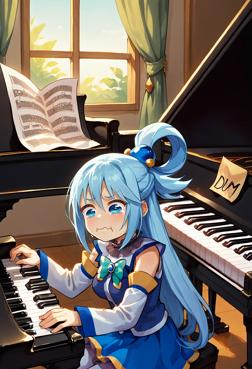 score_9, score_8_up, score_7_up, source_anime, 1girl, <lora:grandpiano-concept-richy-v1_pdxl:1>, grand piano, sitting, playing instrument, playing piano, <lora:DumStickyNote_XLPD:1.1> dumstickyNote, sticker, english text, <lora:concept_aquacrying_ponyXL:0.85> aquacrying, wavy mouth, closed mouth, tearing up, aqua \(konosuba\),