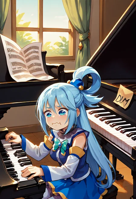 score_9, score_8_up, score_7_up, source_anime, 1girl, <lora:grandpiano-concept-richy-v1_pdxl:1>, grand piano, sitting, playing instrument, playing piano, <lora:DumStickyNote_XLPD:1.1> dumstickyNote, sticker, english text, <lora:concept_aquacrying_ponyXL:0.85> aquacrying, wavy mouth, closed mouth, tearing up, aqua \(konosuba\),