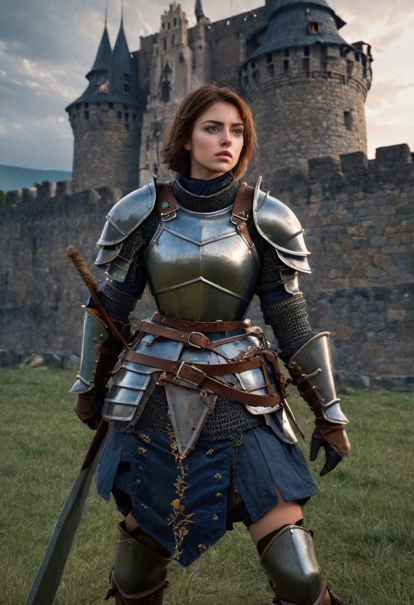 castle, score_9, score_8_up, score_7_up, score_6_up, score_5_up, extremely detailed, 1 woman, 25 years old, grizzled face, green eyes, small breasts, brown hair, shoulder length hair, wearing dark blue armor, holding a spear, in a battlefield in front of a castle, soldiers fighting behind her, she has blood on her shield and face, detailed, realistic, lady knight in dark full plate armor with armored gauntlets and armored boots with short brown hair and green eyes and a gorget protects her neck, gorget, armored gauntlets,