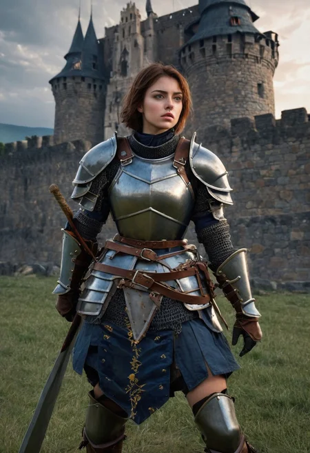 castle, score_9, score_8_up, score_7_up, score_6_up, score_5_up, extremely detailed, 1 woman, 25 years old, grizzled face, green eyes, small breasts, brown hair, shoulder length hair, wearing dark blue armor, holding a spear, in a battlefield in front of a castle, soldiers fighting behind her, she has blood on her shield and face, detailed, realistic, lady knight in dark full plate armor with armored gauntlets and armored boots with short brown hair and green eyes and a gorget protects her neck, gorget, armored gauntlets,