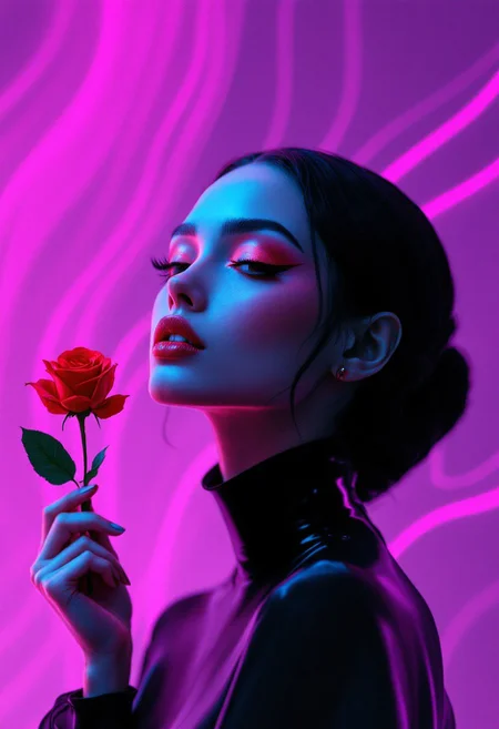 A stunning portrait of a beautiful woman with a serene yet confident expression, her elegant figure framed by a sleek, futuristic aesthetic. She holds a single vibrant red rose delicately in her hand, a timeless symbol of beauty and mystery. Her outfit blends 1960s/1970s retro-futuristic fashion with modern minimalism—smooth chrome textures, flowing monochrome patterns, and subtle wavy designs that evoke a groovy yet sophisticated vibe. The background is a dreamy purple gradient, illuminated with soft, neon-like glows and trippy, wavy patterns that resemble the iconic outrun synthwave style. The scene is infused with the artistic essence of David Carson’s raw experimental typography, Marius Watz’s fluid generative forms, and Paul Rand’s playful geometric shapes, subtly integrated into the composition as visual elements within her outfit and the abstract background. The overall tone is cinematic yet minimal, capturing the delicate interplay of far-future sci-fi and classical elegance.