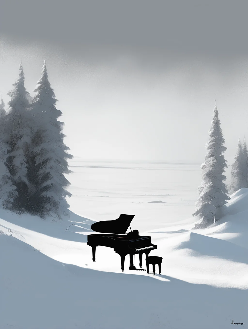 <lora:Alex Andreev style:1>Alex Andreev style - Vast minimalist landscape, a pianist playing a grand piano in the snow in the style of Paul delaroche