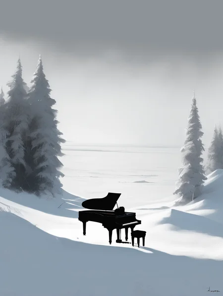 <lora:Alex Andreev style:1>Alex Andreev style - Vast minimalist landscape, a pianist playing a grand piano in the snow in the style of Paul delaroche