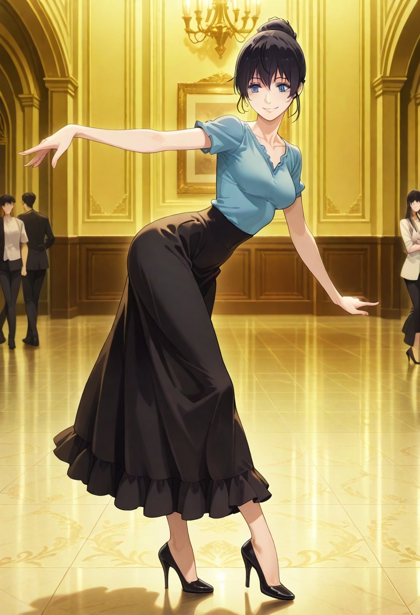 (as109:0.5),
masterpiece,best quality,amazing quality,
hanaoka shizuku,single hair bun,blue eyes,medium breasts,eyelashes,1girl,solo,blunt top,short sleeves,black skirt,long skirt,frilled skirt,high heels,
dancing,black hair,smile,plantar flexion,ballroom e youkoso,long legs,