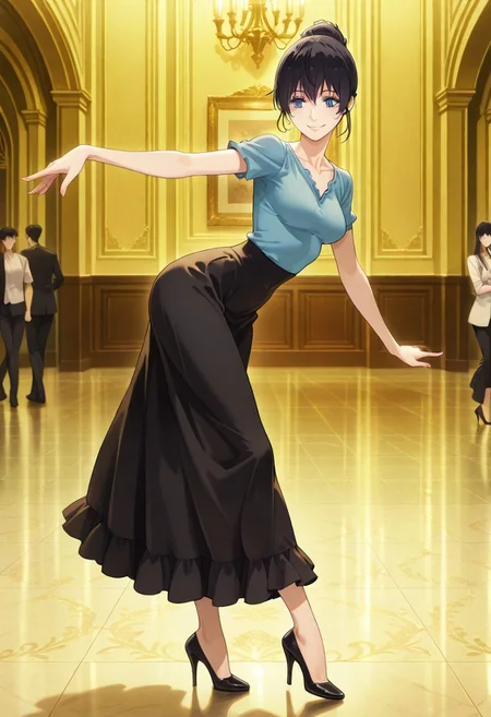 (as109:0.5),
masterpiece,best quality,amazing quality,
hanaoka shizuku,single hair bun,blue eyes,medium breasts,eyelashes,1girl,solo,blunt top,short sleeves,black skirt,long skirt,frilled skirt,high heels,
dancing,black hair,smile,plantar flexion,ballroom e youkoso,long legs,